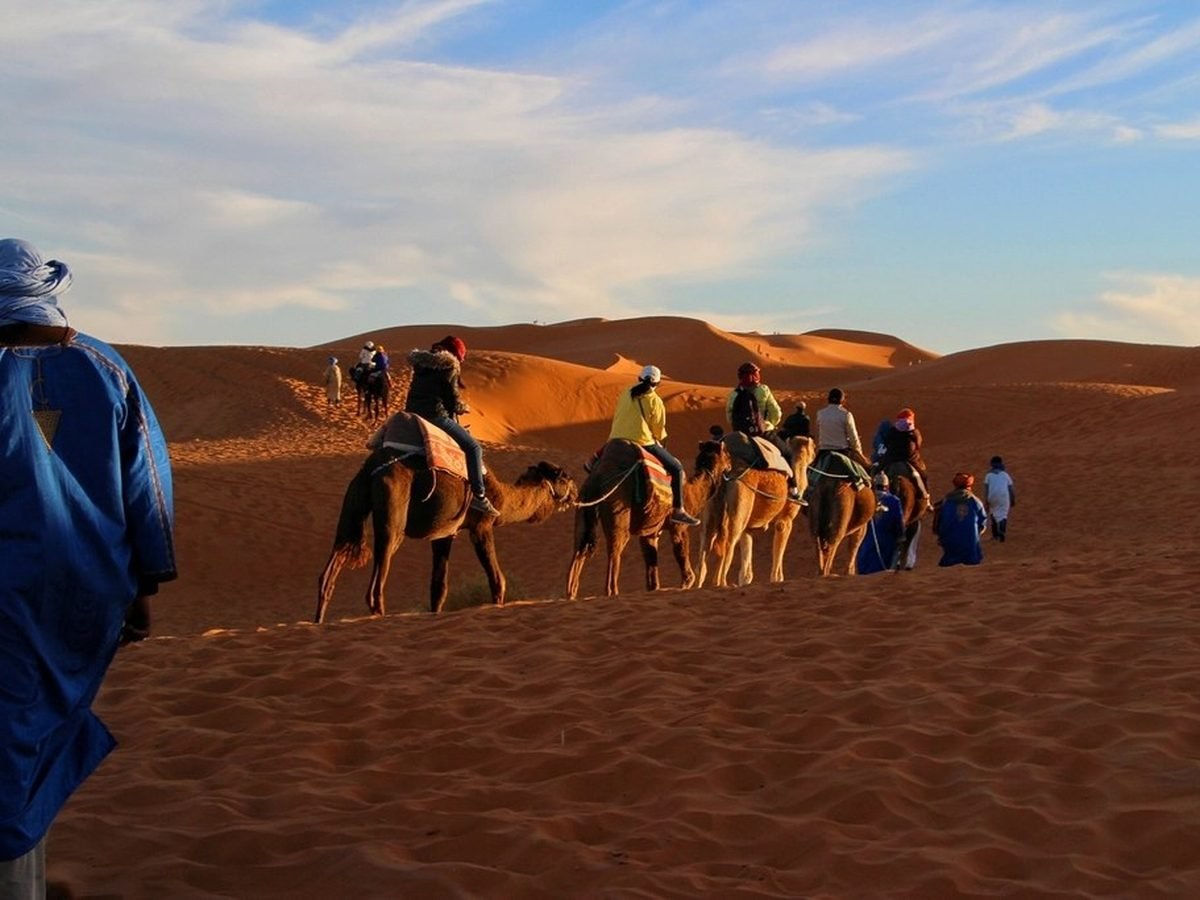 A camel caravan crossing the Sahara dunes in Morocco with a guide leading